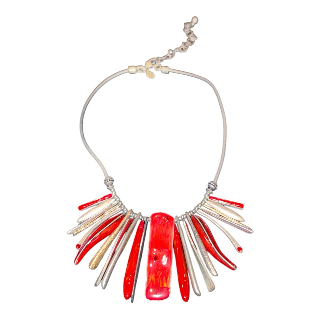 Chicos Bib Red Enamel Silver Tone Gold Tone Necklace 18 Marked Rn 25$
